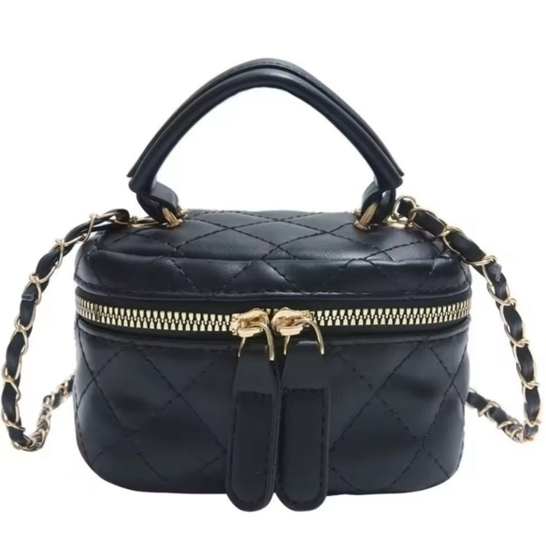 Timeless Petite Luxe crossbody bag in black quilted vegan leather with premium gold hardware top handle and fixed length shoulder strap wrapped in gold chain accent sleek compact silhouette with luxury finish