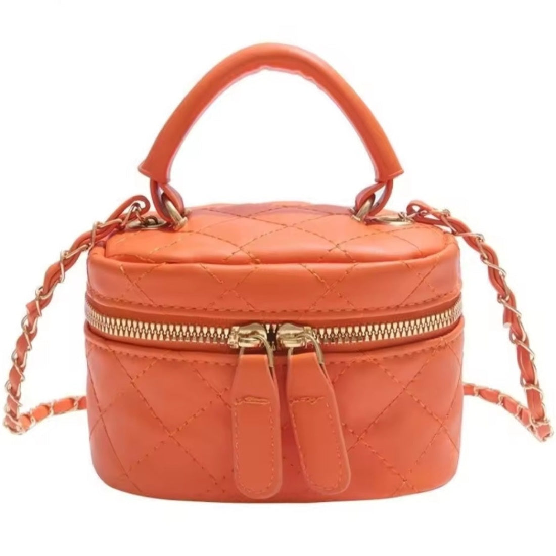 Timeless Petite Luxe crossbody bag in bold orange luxury quilted vegan leather with upscale gold hardware short top handle and gold chain wrapped shoulder strap compact design with premium craftsmanship