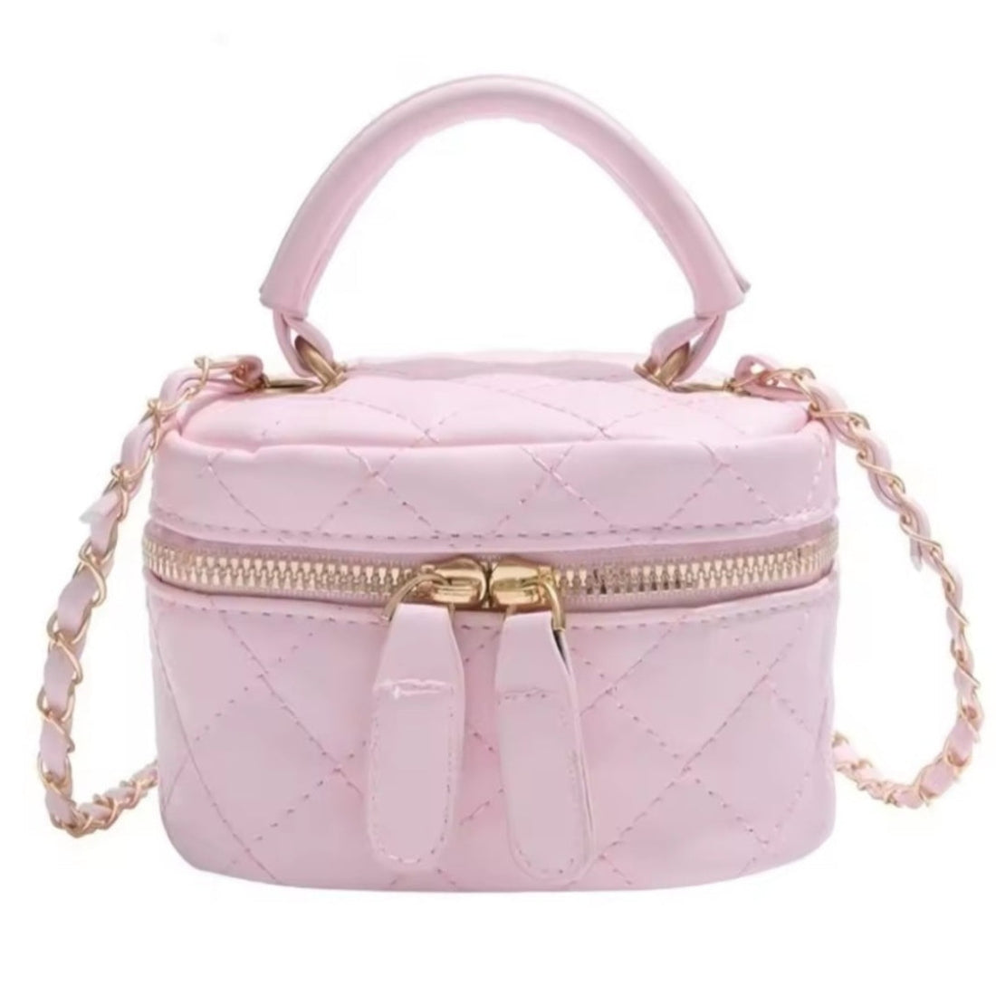 Timeless Petite Luxe elegant crossbody bag in soft pink quilted luxury vegan leather with upscale gold hardware short top handle and fixed length shoulder strap wrapped in gorgeous gold chain accent refined compact silhouette with premium finish