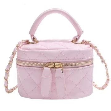 Timeless Petite Luxe elegant crossbody bag in soft pink quilted luxury vegan leather with upscale gold hardware short top handle and fixed length shoulder strap wrapped in gorgeous gold chain accent refined compact silhouette with premium finish