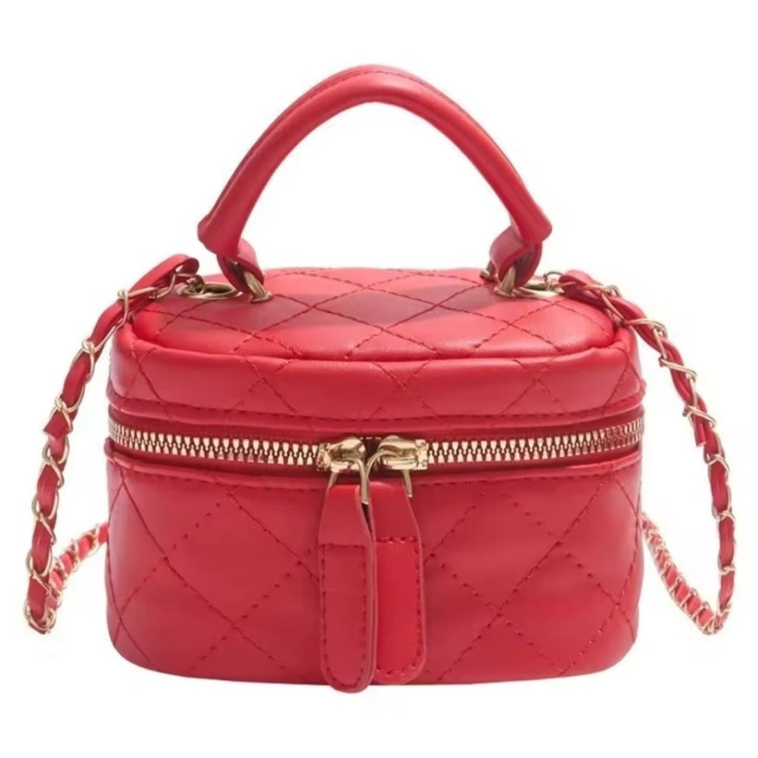 Timeless Petite Luxe elegant crossbody bag in rich red quilted luxury vegan leather with upscale gold hardware short top handle and elegant gold chain accent strap