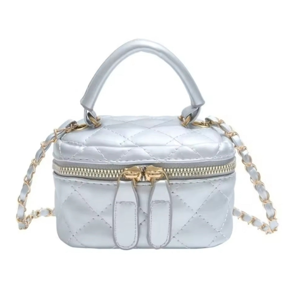 Timeless Petite Luxe crossbody bag in metallic silver quilted luxury vegan leather with elegant gold hardware structured top handle and upscale gold chain accent strap modern silhouette with stunning appeal