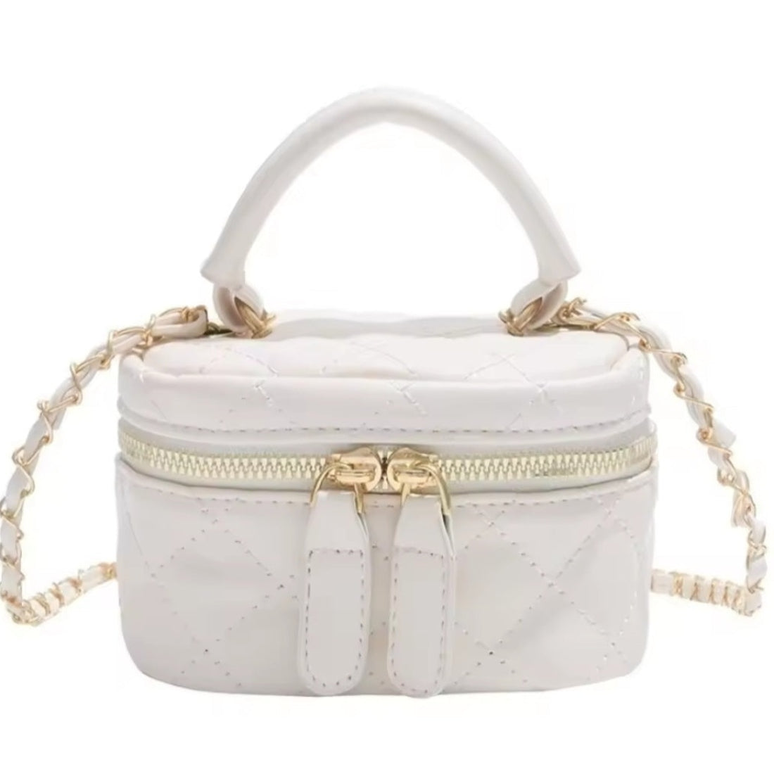 Timeless Petite Luxe luxury crossbody bag in white quilted elegant vegan leather with luxury gold hardware structured top handle and premium gold chain wrapped shoulder strap elegant petite design with premium detailing