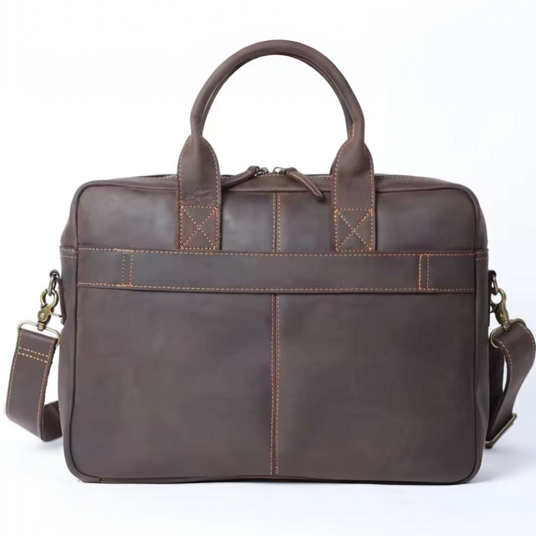Prestige Leather Briefcase in luxury dark brown coffee full grain genuine leather with structured back panel dual top handles detachable shoulder strap and reinforced stitching showcasing premium craftsmanship upscale durability and refined professional design