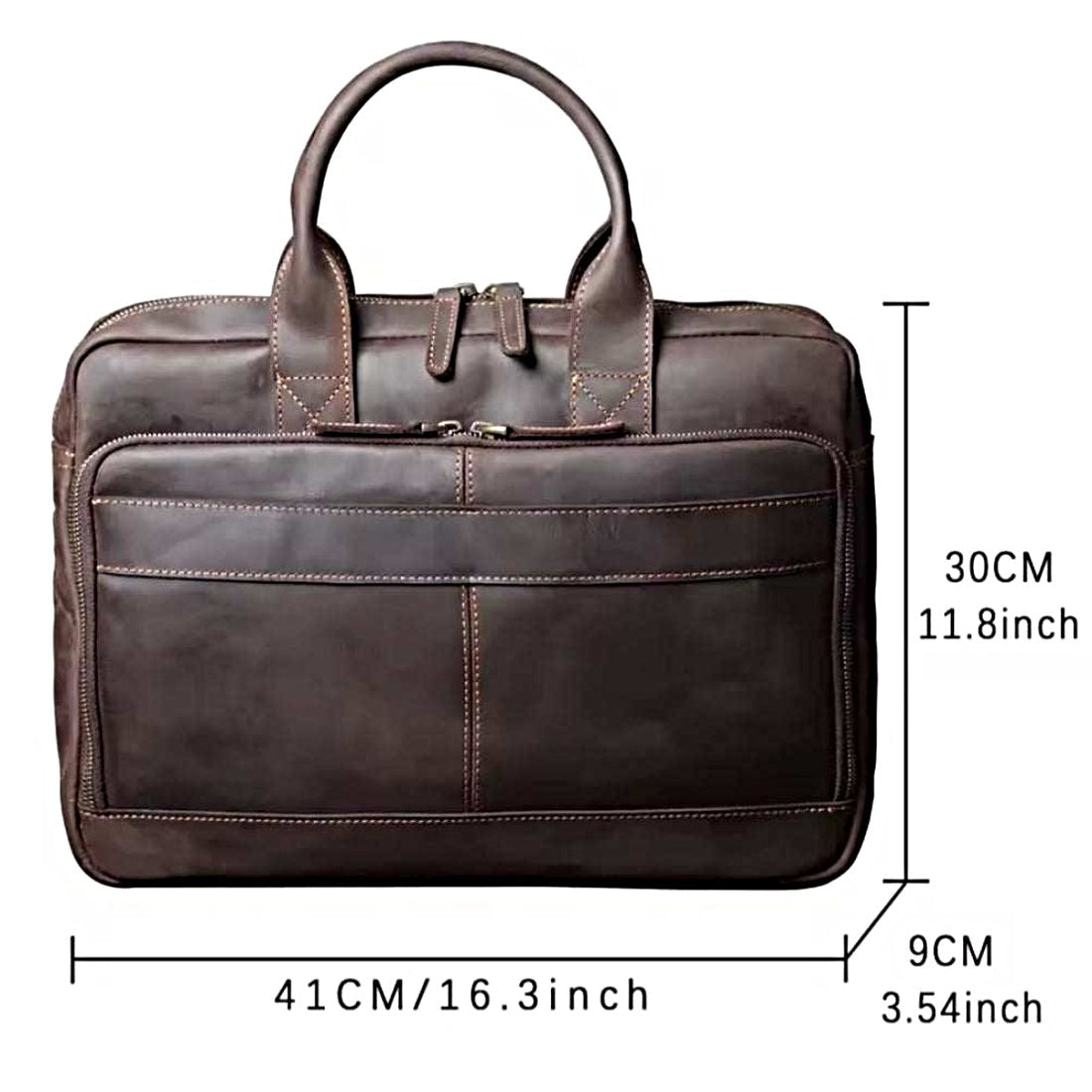 Prestige Leather Briefcase in brown coffee full grain luxury genuine leather with structured silhouette dual top handles front zip compartments and detachable shoulder strap displayed with labeled dimensions showcasing premium craftsmanship upscale durable design and professional functionality