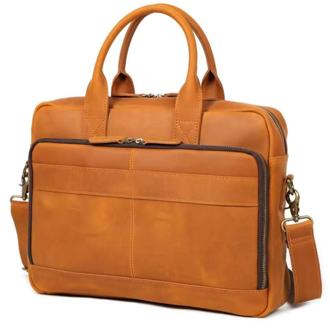 Prestige Leather Briefcase in  luxury brown full grain crazy horse genuine leather with structured silhouette top handles detachable shoulder strap brass tone hardware front zip pocket premium durable finish professional upscale everyday carry