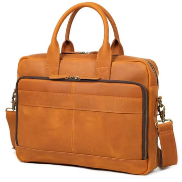 Prestige Leather Briefcase in  luxury brown full grain crazy horse genuine leather with structured silhouette top handles detachable shoulder strap brass tone hardware front zip pocket premium durable finish professional upscale everyday carry