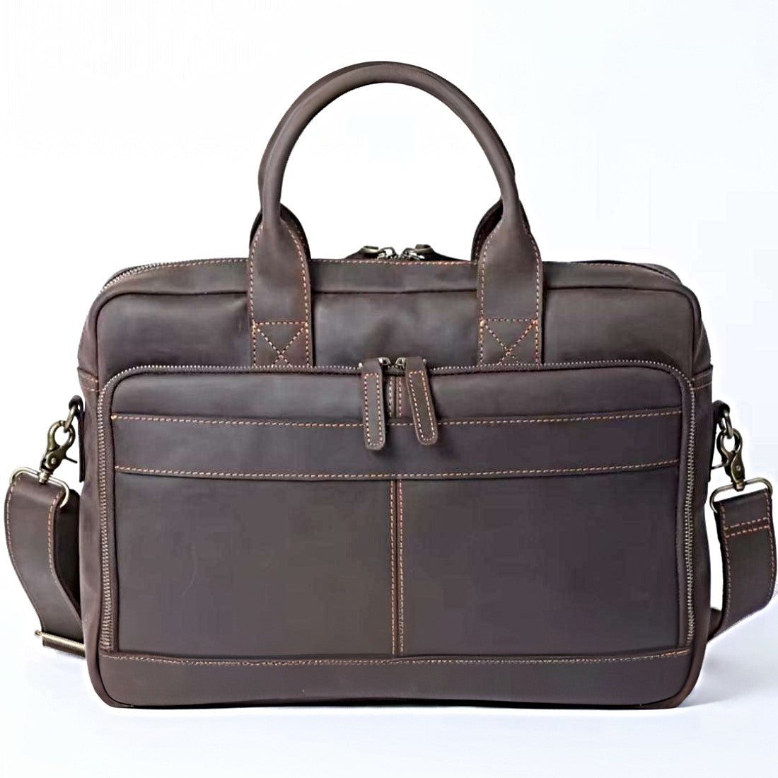 Prestige Leather Briefcase in rich  luxury dark brown coffee full grain genuine leather with refined top handles and removable shoulder strap featuring layered front zip compartments smooth metal accents and structured silhouette designed for polished upscale professional style