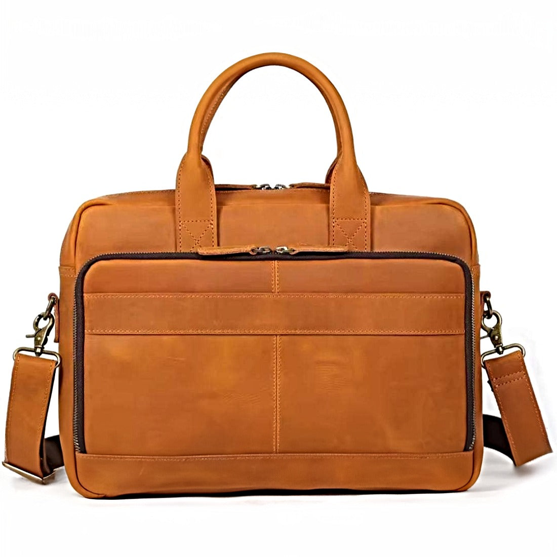 Prestige Leather Briefcase in brown  luxury full grain genuine leather with dual top handles detachable adjustable shoulder strap and spacious front zip pocket structured silhouette smooth metal hardware and refined stitching designed for premium durability and elevated professional style