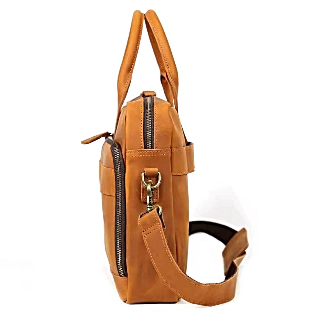 Prestige Leather Briefcase in  luxury brown full grain crazy horse genuine leather with structured silhouette top handles detachable shoulder strap brass tone hardware front zip pocket premium durable finish professional upscale everyday carry