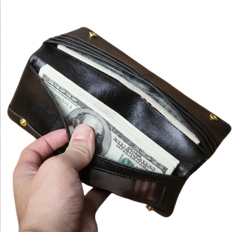 Prestige Long Zip men’s long black leather zip wallet with card slots and pockets and gold accents
