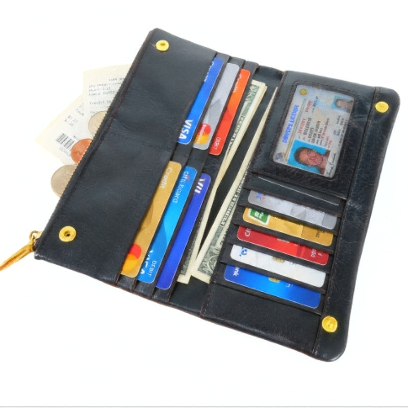 Prestige Long Zip men’s long black leather zip wallet with card slots and gold accents