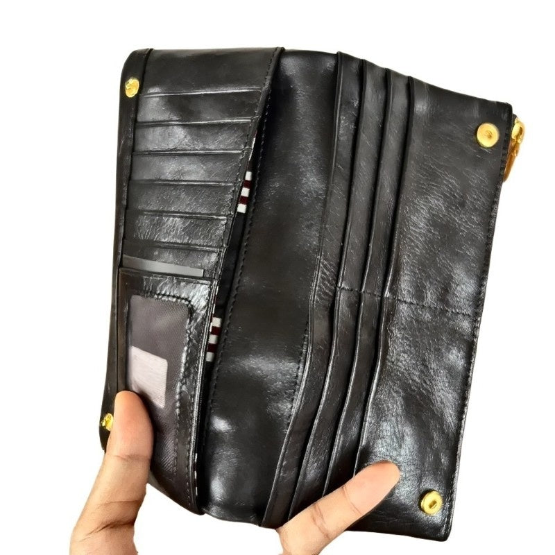 Prestige Long Zip men’s long black leather zip wallet with card slots and gold accents