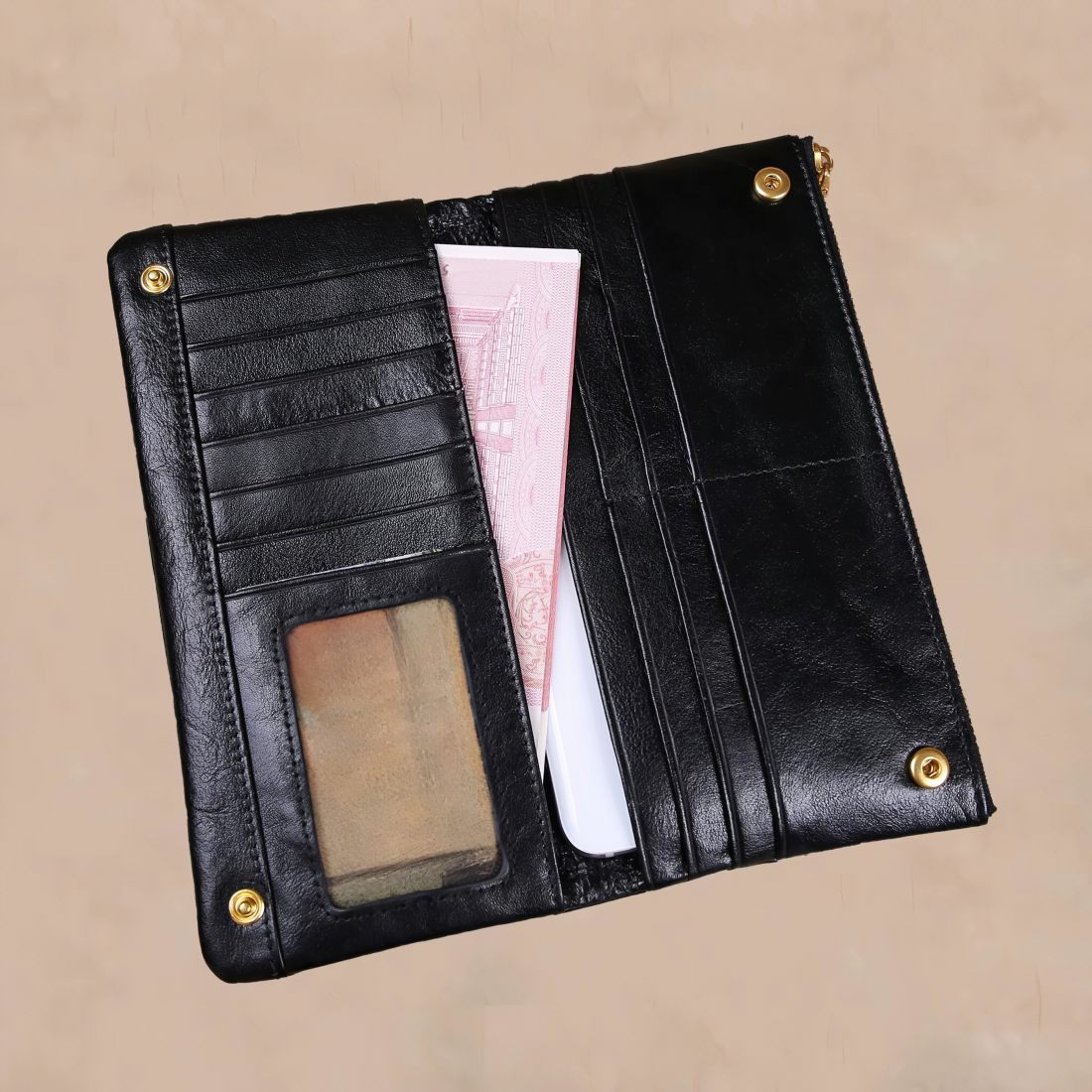 prestige long zip black leather wallet showing cash pocket
