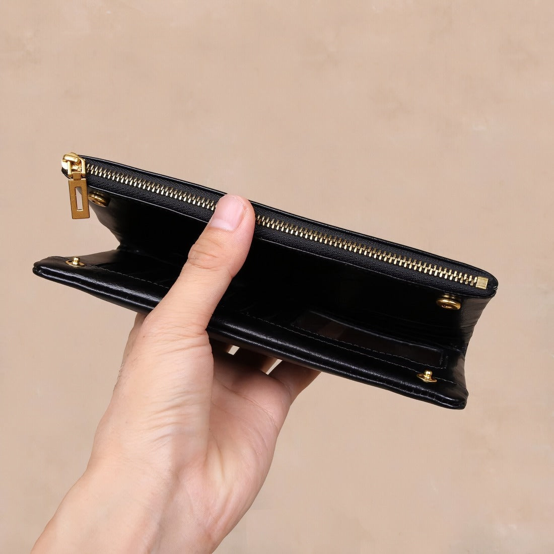 black leather clutch bag wallet angled open view