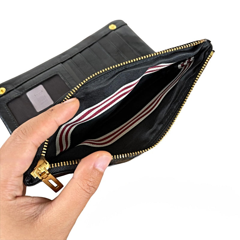 Prestige Long Zip men’s long black leather zip wallet with card slots and gold accents and zip pocket for phone
