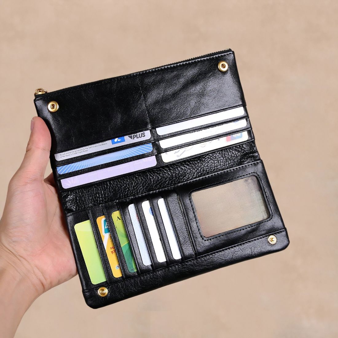 prestige long zip wallet with card slots in black