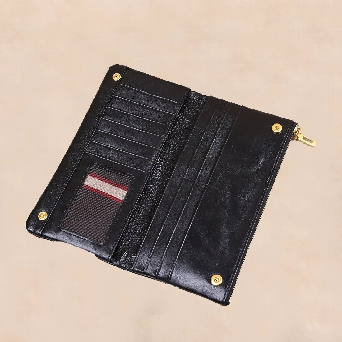 black leather clutch bag wallet open interior