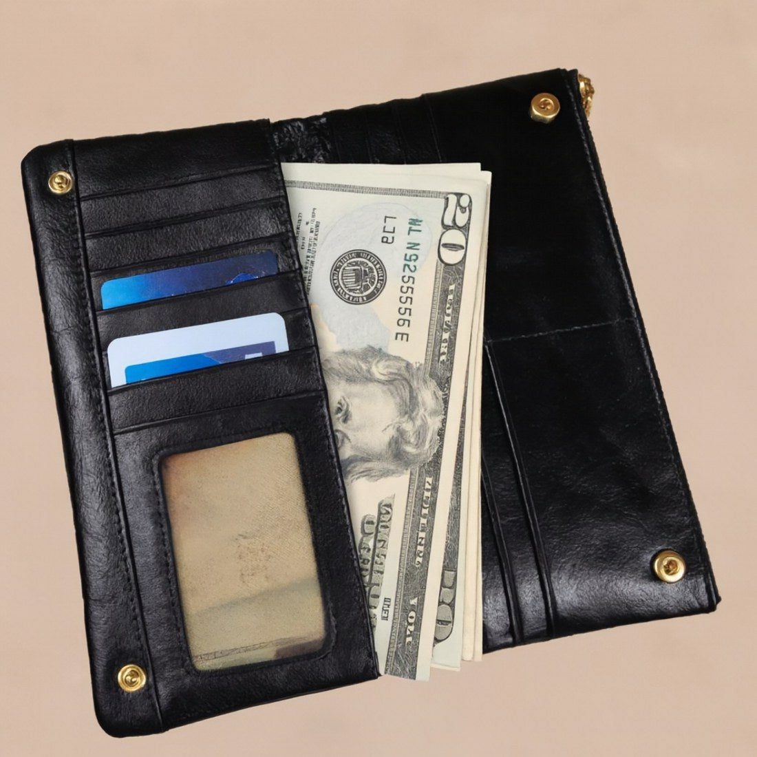 prestige long zip black wallet showing cash pocket
