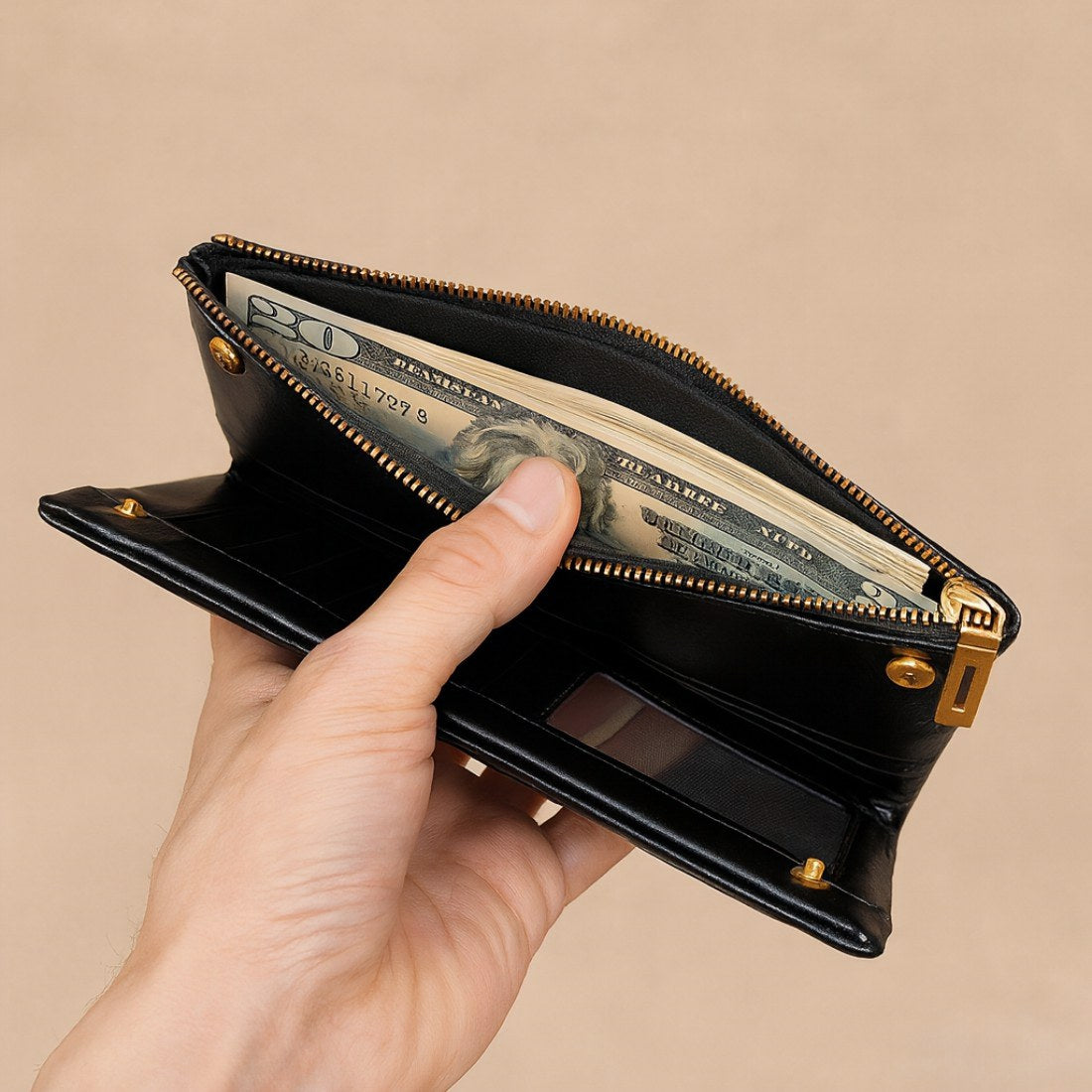 slim black leather bag wallet with cash showcasing zipper closure