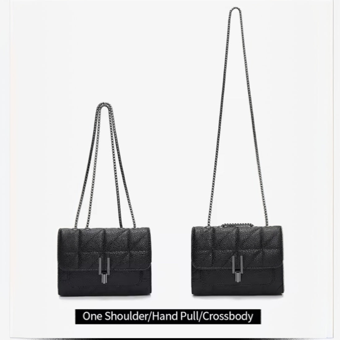 Timeless Quilted Charm luxury vegan leather crossbody in black elegant quilted bag with upscale convertible silver tone chain strap shoulder or crossbody