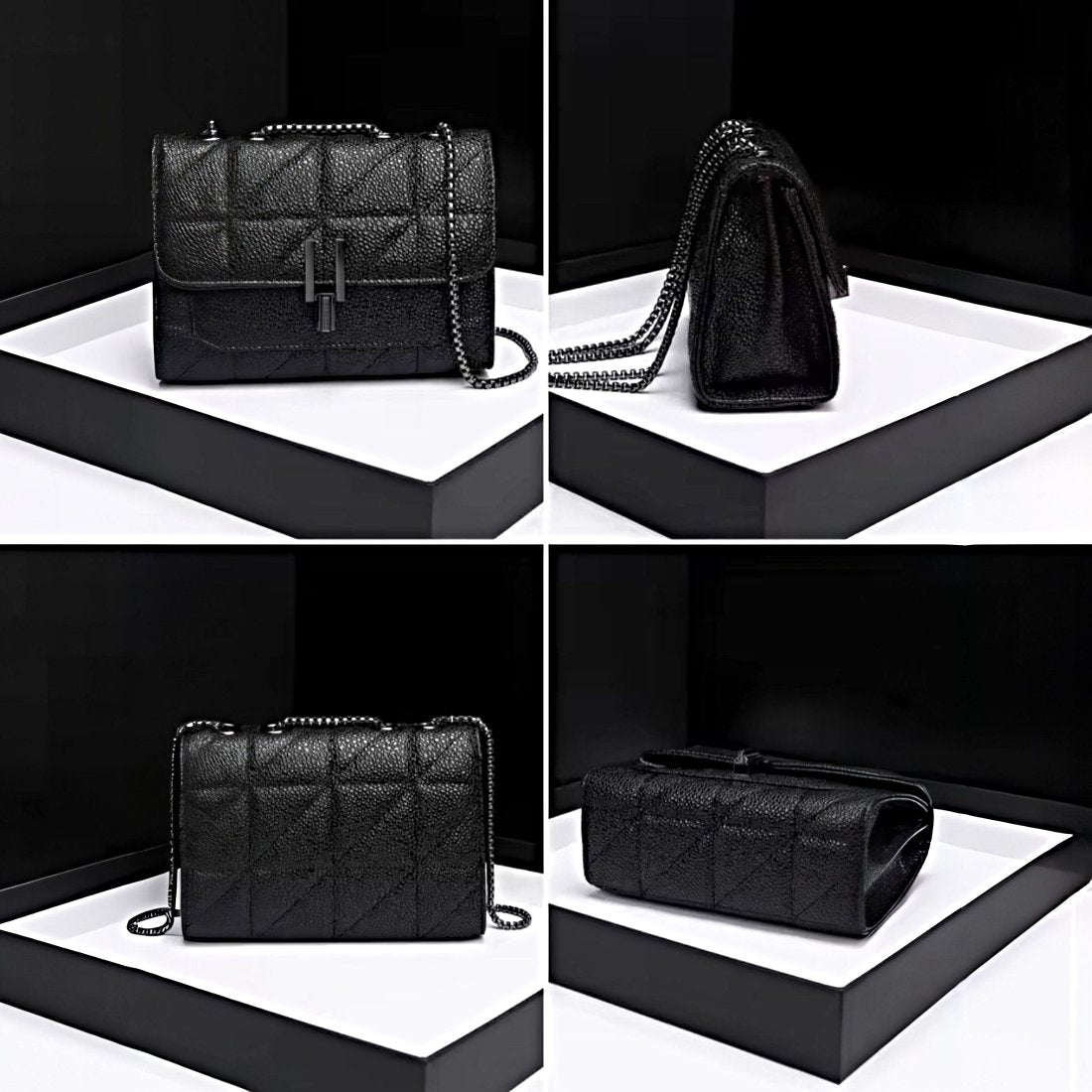 Timeless Quilted Charm luxury vegan leather crossbody in black quilted texture with upscale silver tone twist lock and elegant chain strap four angle views