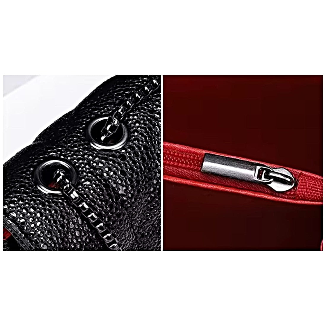Timeless Quilted Charm luxury vegan leather crossbody elegant in black close up of premium silver tone chain grommets and upscale red zipper pocket with silver tone zipper