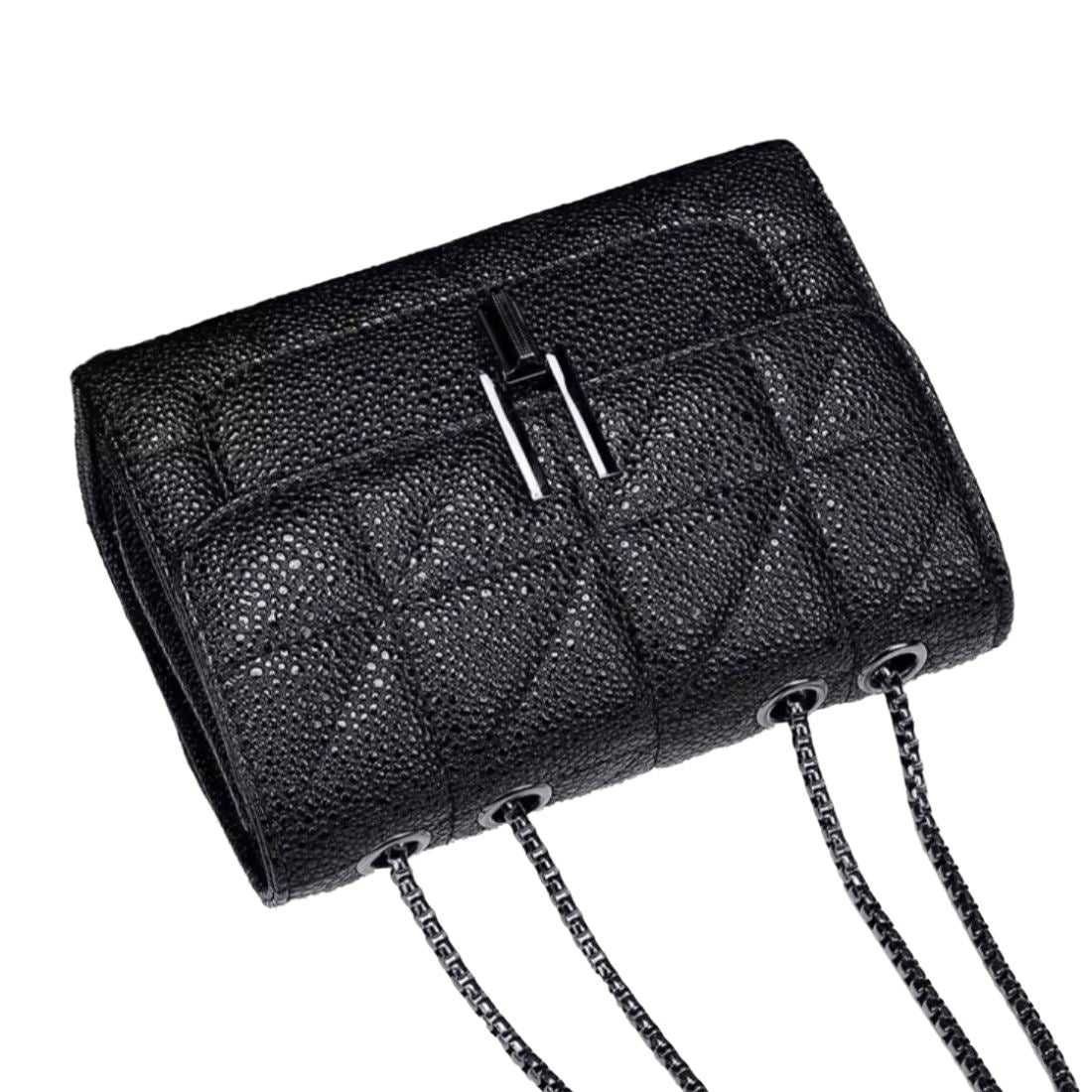 Timeless Quilted Charm in black luxury upscale black vegan leather quilted crossbody with elegant silver chain strap premium twist lock front view
