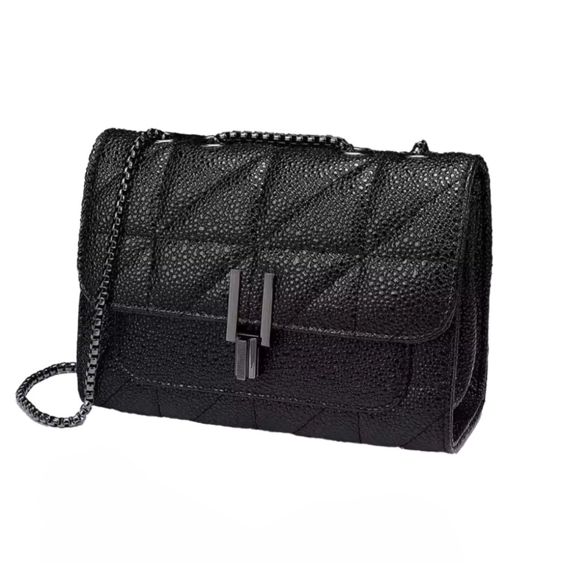 Timeless Quilted Charm in black luxury upscale black vegan leather quilted crossbody with elegant silver chain strap premium twist lock front view