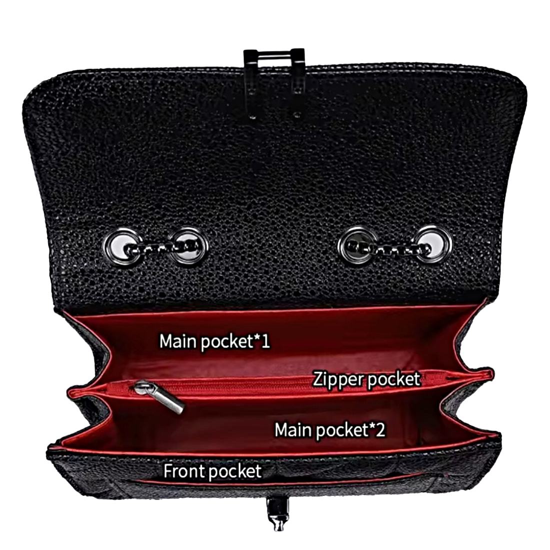 Timeless Quilted Charm interior view luxury vegan leather elegant crossbody in black with red lining showing two spacious main pockets zipper pocket and front pocket upscale design