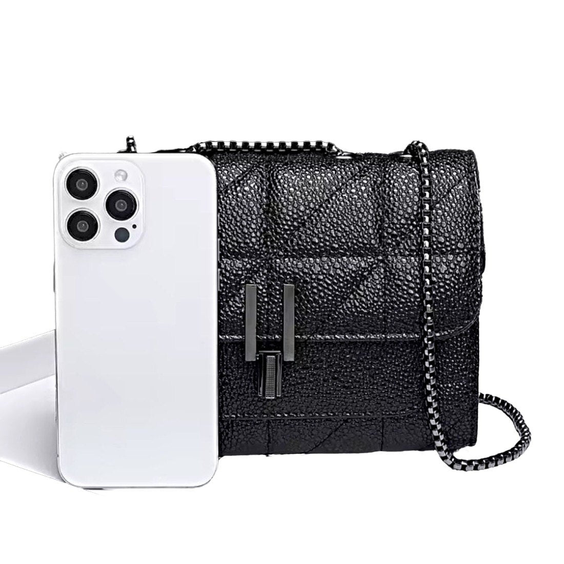 Timeless Quilted Charm luxury vegan leather elegant crossbody in black upscale quilted bag shown with smartphone for size reference