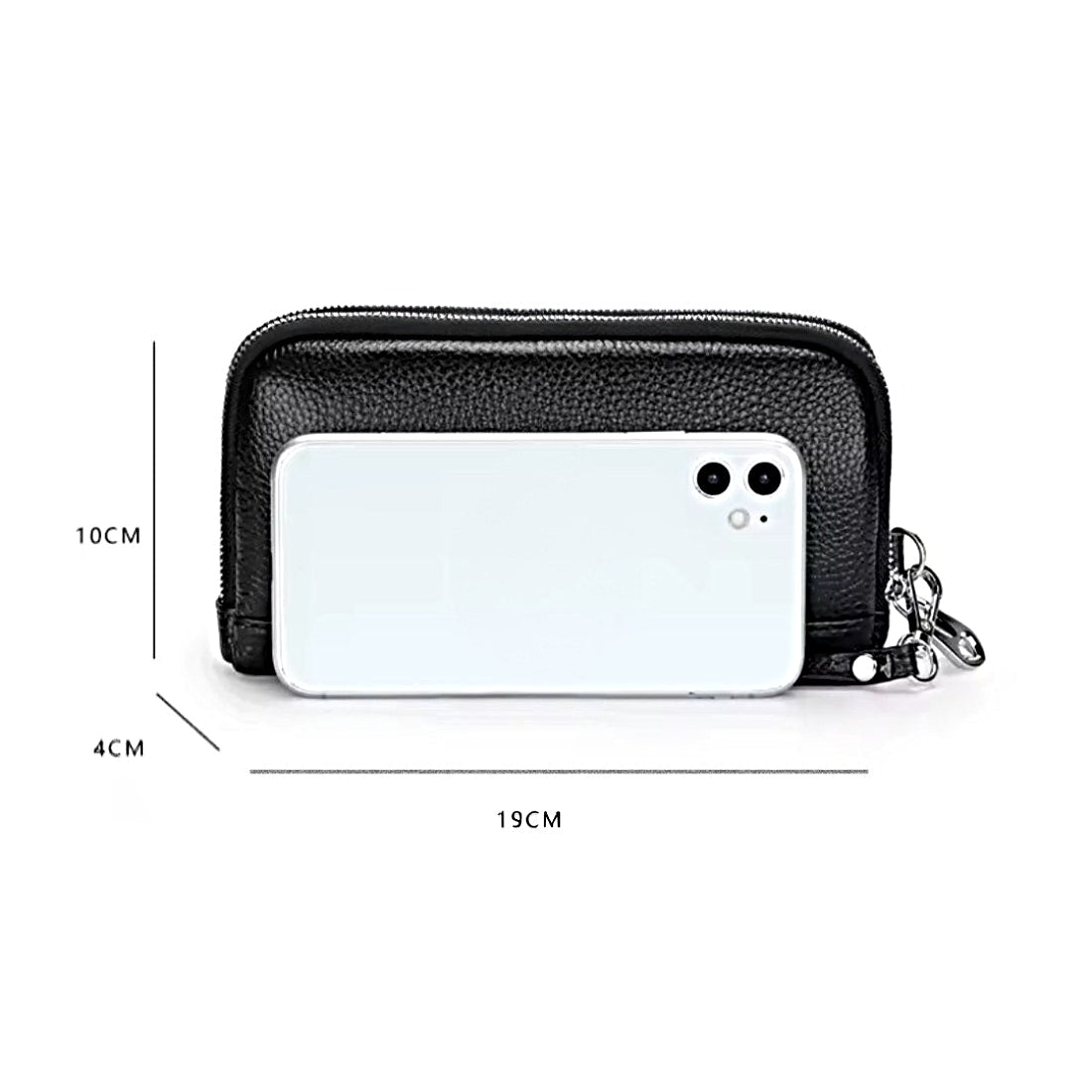 Signature Zip Companion  wristlet wallet in black genuine leather shown beside smartphone with labeled dimensions showcasing compact sizing and everyday upscale portability
