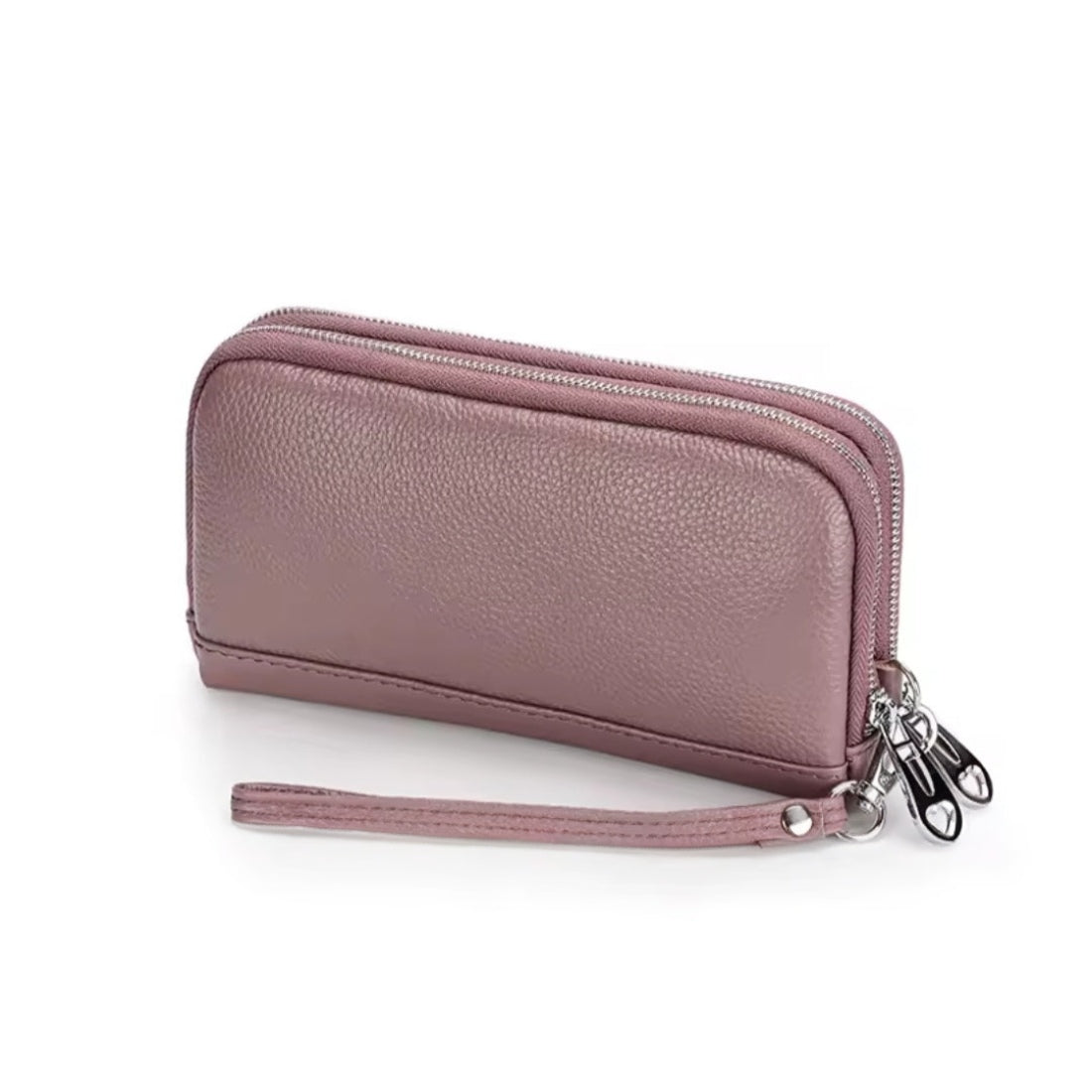 Signature Zip Companion wristlet wallet in purple luxury genuine leather with premium zip around closure and detachable wrist strap showcasing compact multi functional durable design and elegant everyday styling