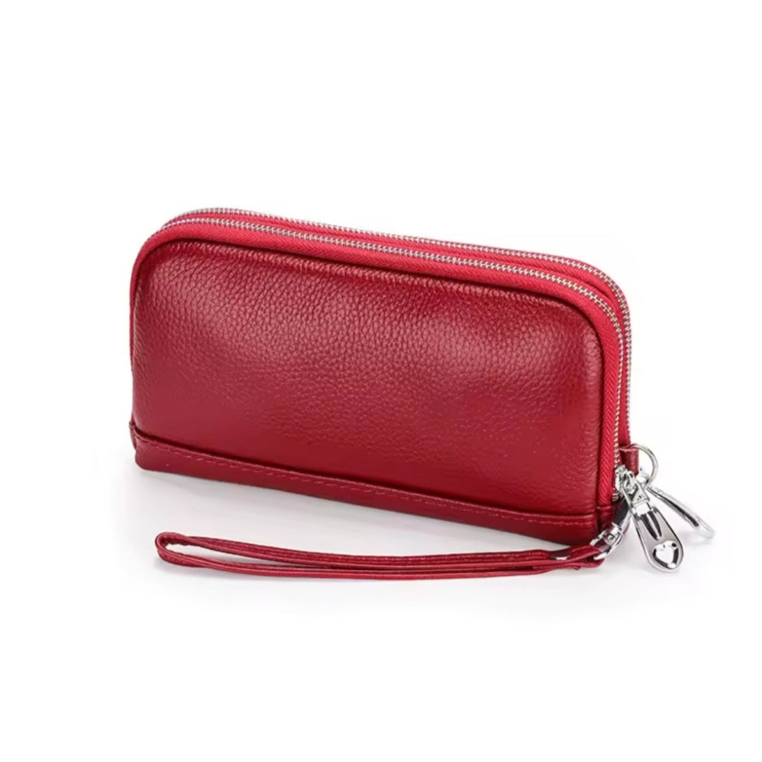 Signature Zip Companion wristlet wallet in red luxury genuine leather with premium zip around closure and detachable wrist strap showcasing compact durable multi functional design and elegant everyday styling
