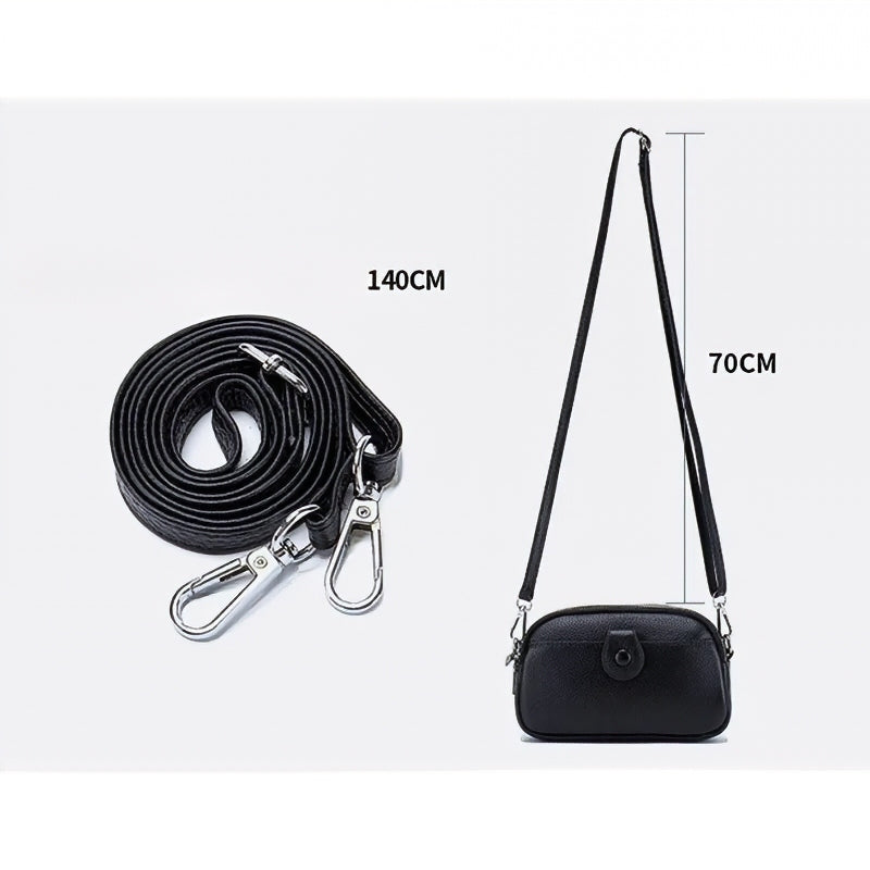 Signature Convertible Carry black leather crossbody strap for women, detachable adjustable design, with silver hardware, 140cm length