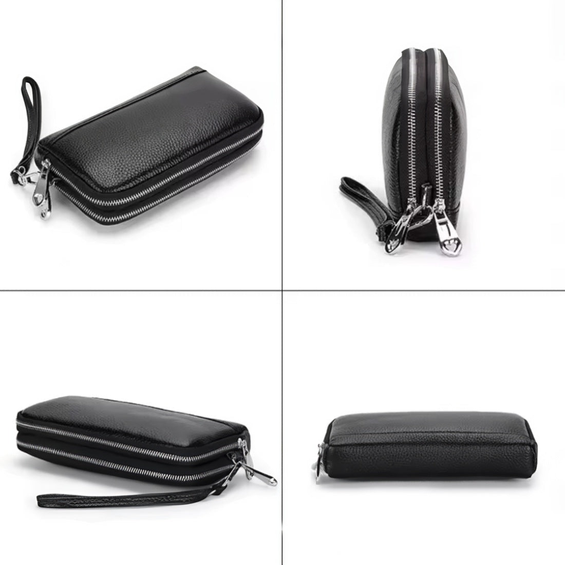 Signature Zip Companion wristlet wallet in black genuine leather shown in four angles featuring zip around closure detachable wrist strap and slim structured profile showcasing compact multi functional design and elegant everyday styling