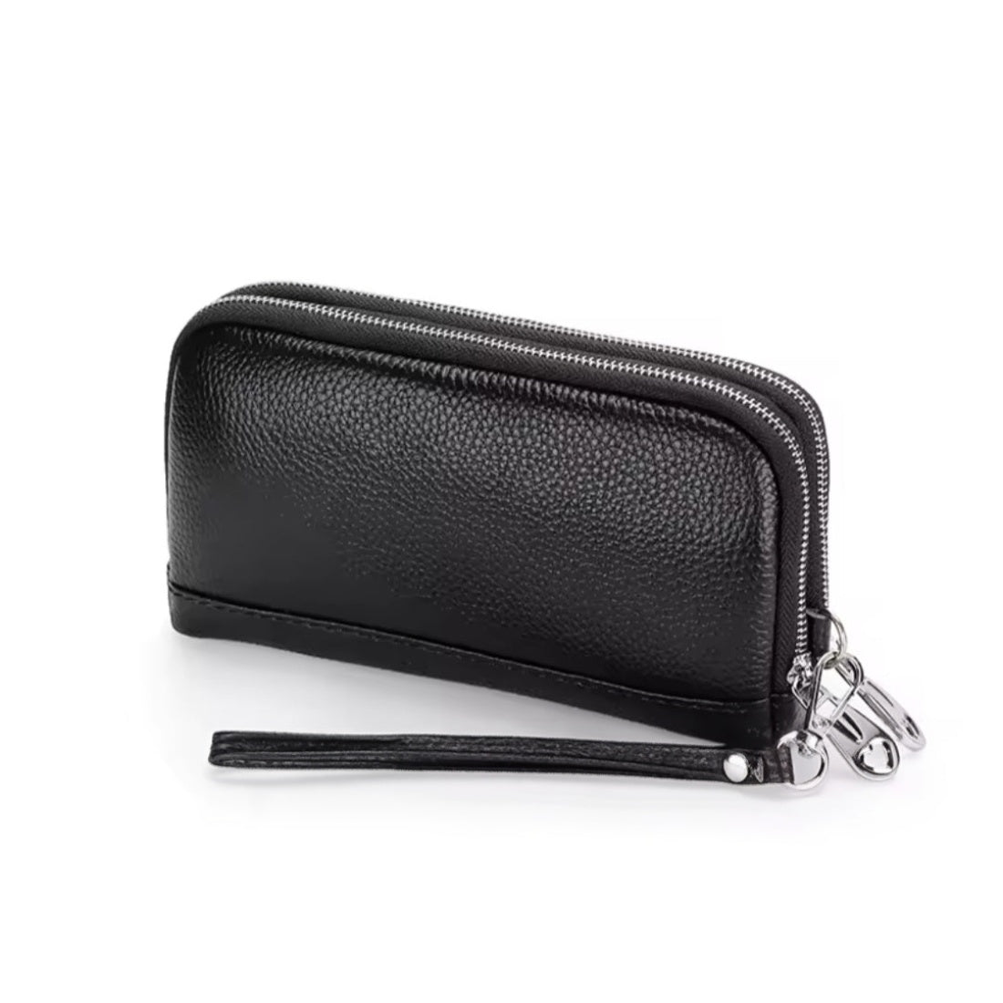 Signature Zip Companion wristlet wallet in black upscale genuine leather with premium zip around closure and detachable wrist strap showcasing durable compact multi functional design and elegant everyday styling