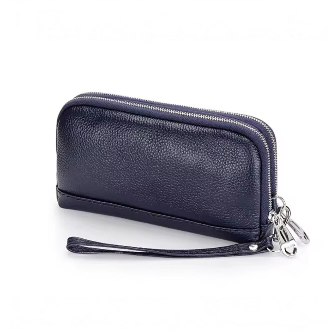 Signature Zip Companion wristlet wallet in upscale blue genuine leather with premium zip around closure and detachable wrist strap showcasing compact multi functional durable design and elegant everyday styling