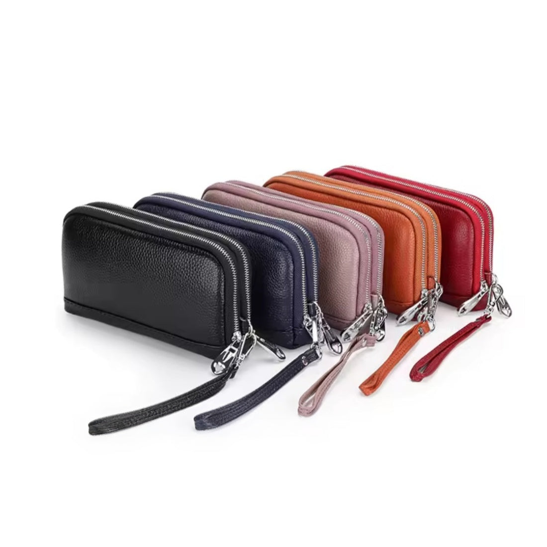 Signature Zip Companion wristlet wallet in upscale blue genuine leather with premium zip around closure and detachable wrist strap showcasing compact multi functional durable design and elegant everyday styling