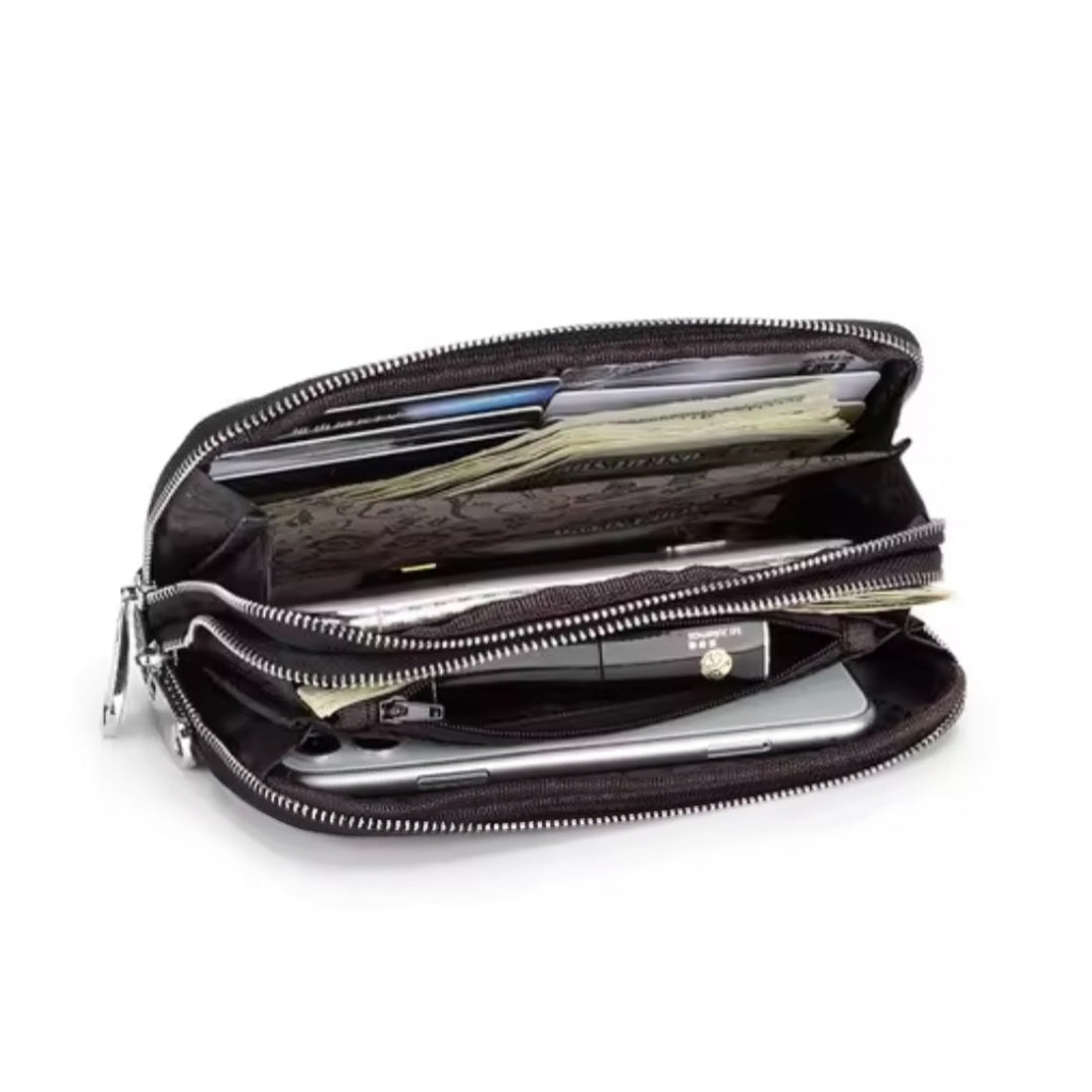 Signature Zip Companion wristlet wallet in black upscale genuine leather shown open with organized compartments containing paper currency receipts and cards showcasing spacious interior and elegant multi functional design