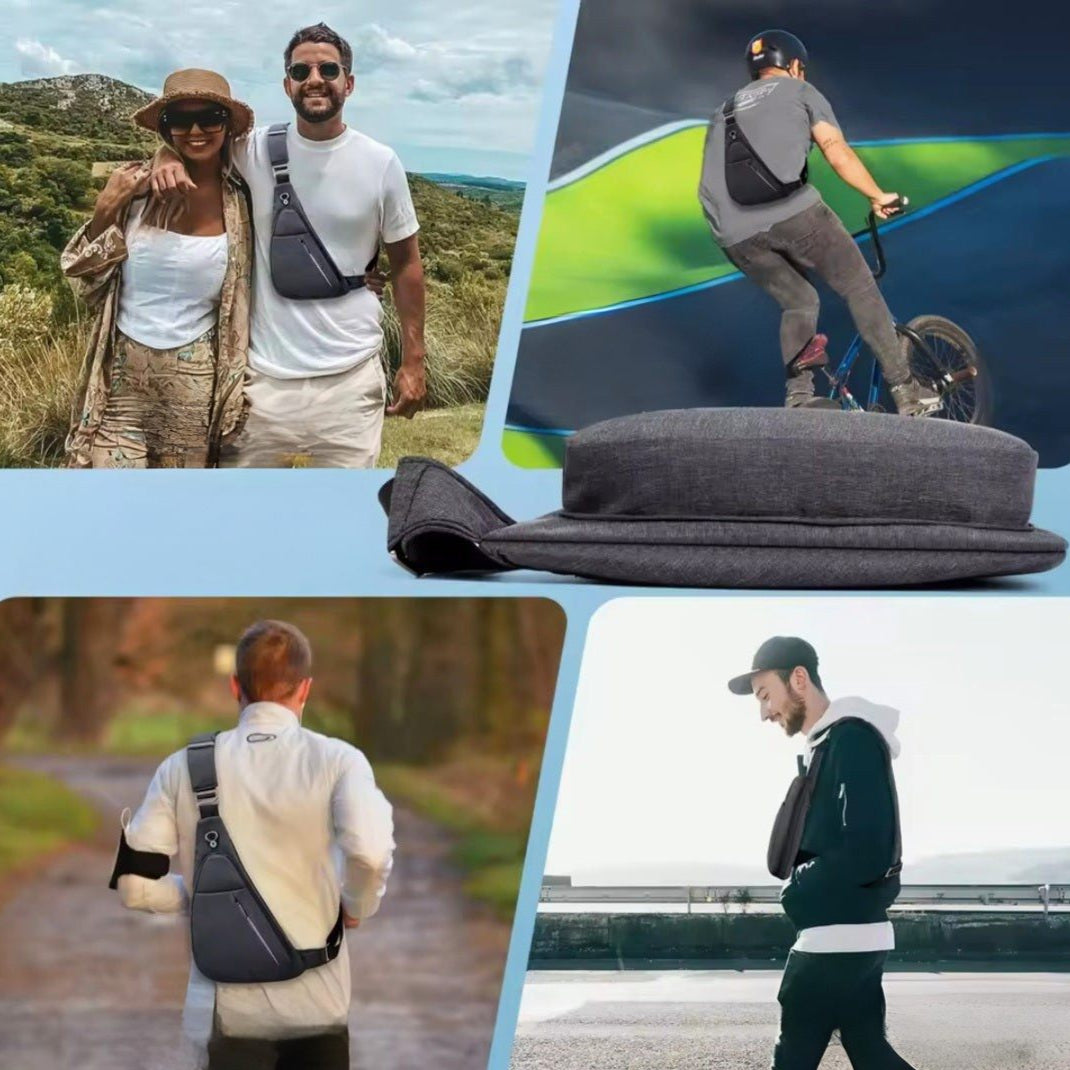 Collage of lifestyle shots of people using a Urban Stealth Sling waterproof crossbody in various settings