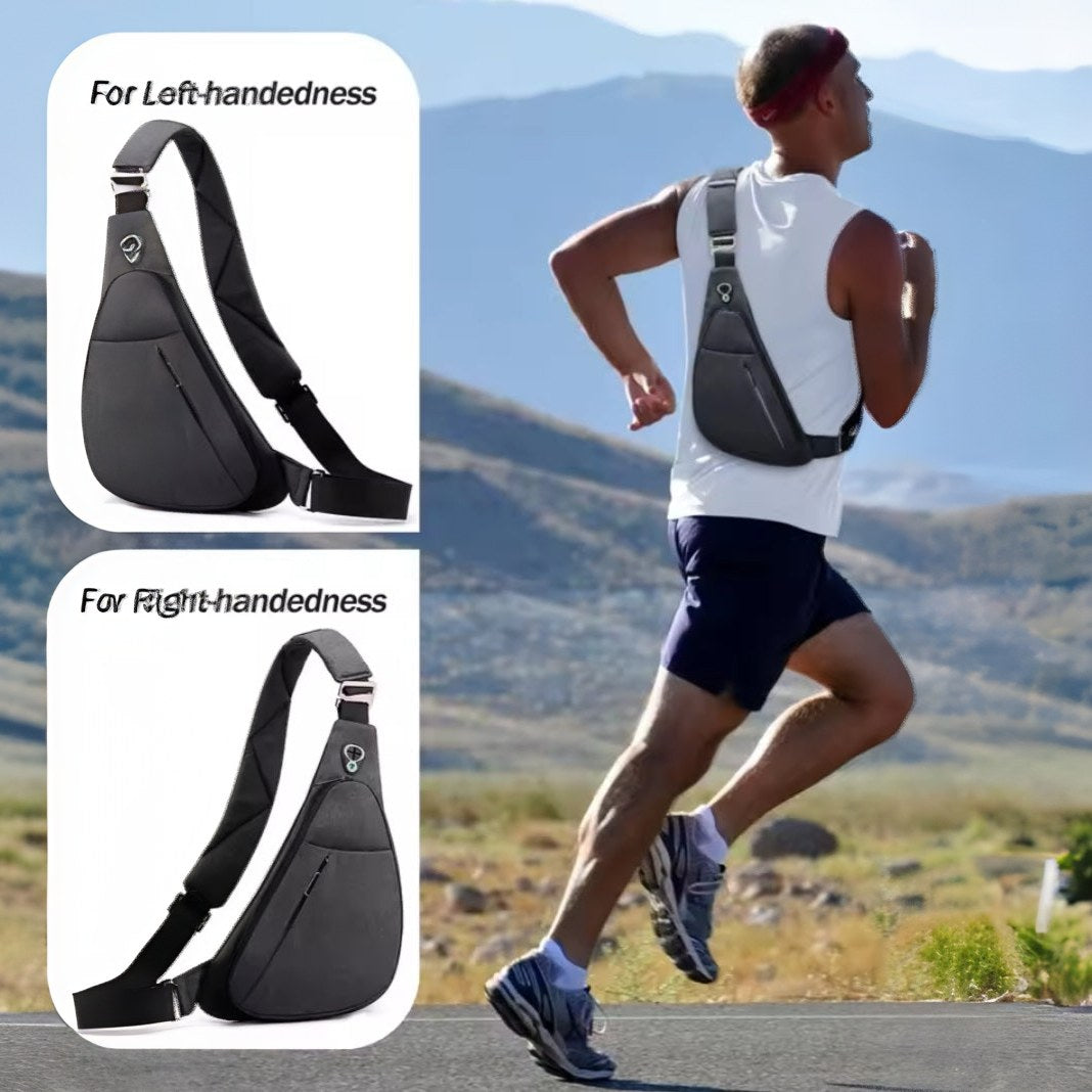 Man running with a Urban Stealth Sling bag on a mountain road, showing two views of the bag for left handed and right handed use