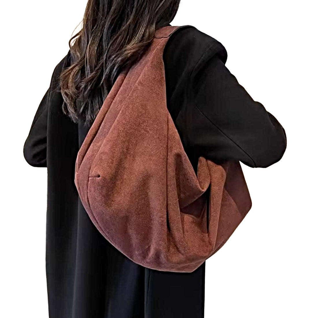 Timeless Suede Hobo in chestnut luxury vegan suede with elegant slouchy crescent silhouette and wide shoulder strap worn over right shoulder by model showcasing velvety texture effortless upscale practical styling
