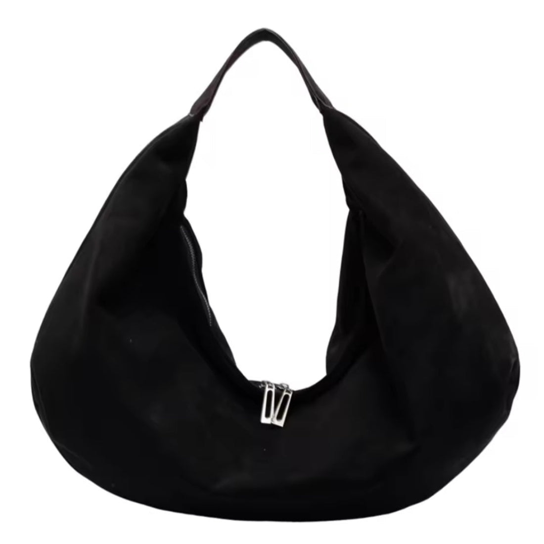 Timeless Suede Hobo in luxury black vegan suede with elegant slouchy crescent silhouette single shoulder strap and subtle metallic zippers showcasing upscale velvety texture soft structure and practical everyday elegance carry