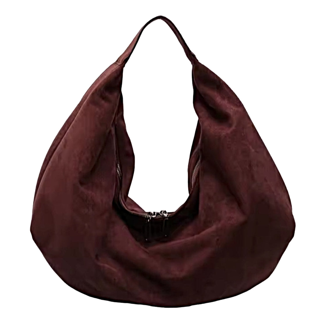 Timeless Suede Hobo in luxury burgundy vegan suede with slouchy crescent silhouette single shoulder strap and subtle metallic zippers showcasing upscale velvety texture soft structure and practical everyday elegance carry