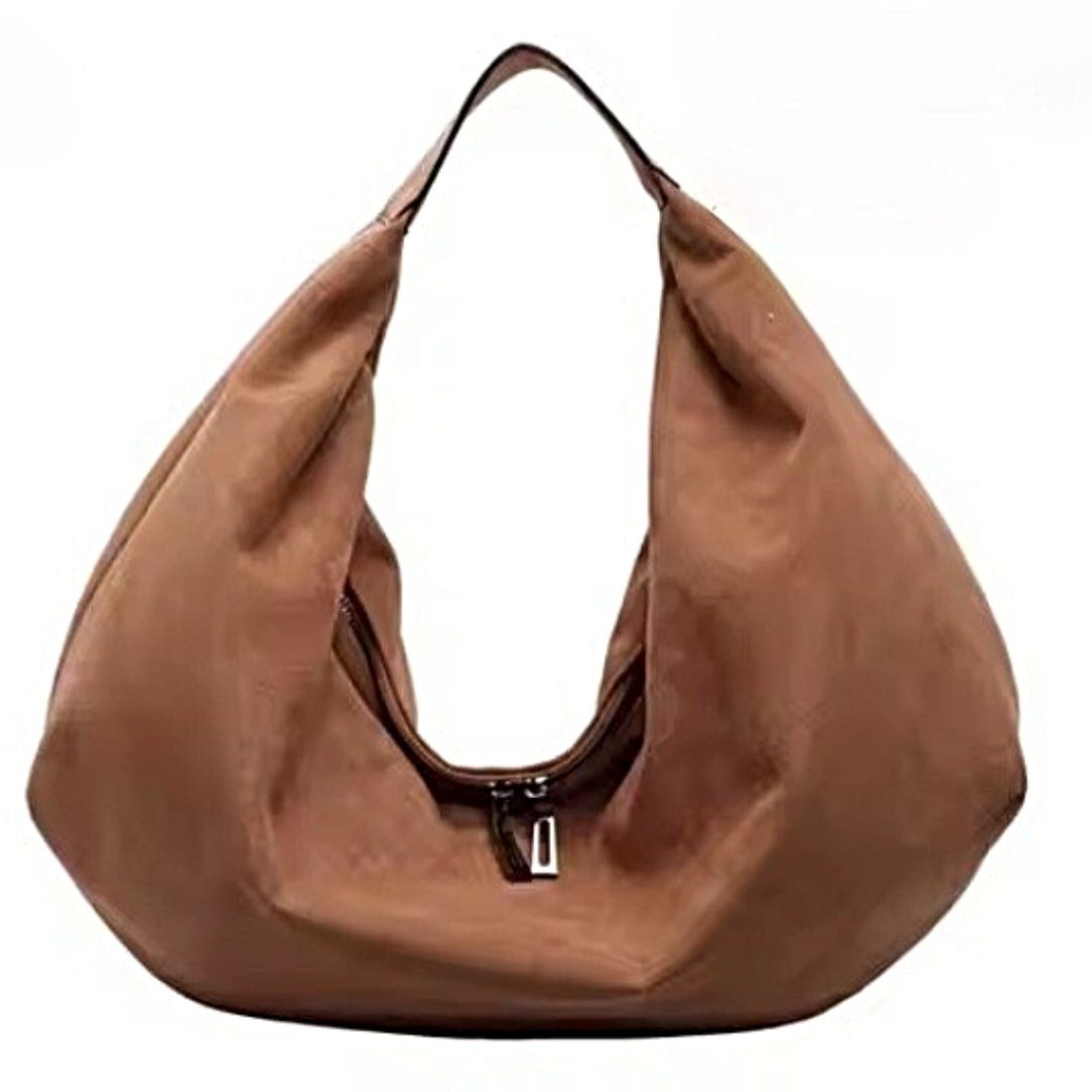 Timeless Suede Hobo luxury bag in chestnut brown vegan suede with elegant slouchy crescent silhouette single shoulder strap and subtle metallic zippers showcasing upscale velvety texture soft structure and practical everyday elegance carry