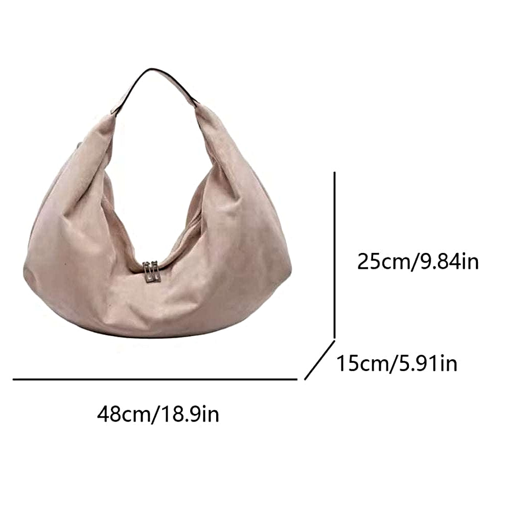 Timeless Suede Hobo in beige vegan suede with elegant slouchy crescent silhouette and single shoulder strap with labeled dimensions showcasing velvety texture relaxed luxury styling and practical everyday scale