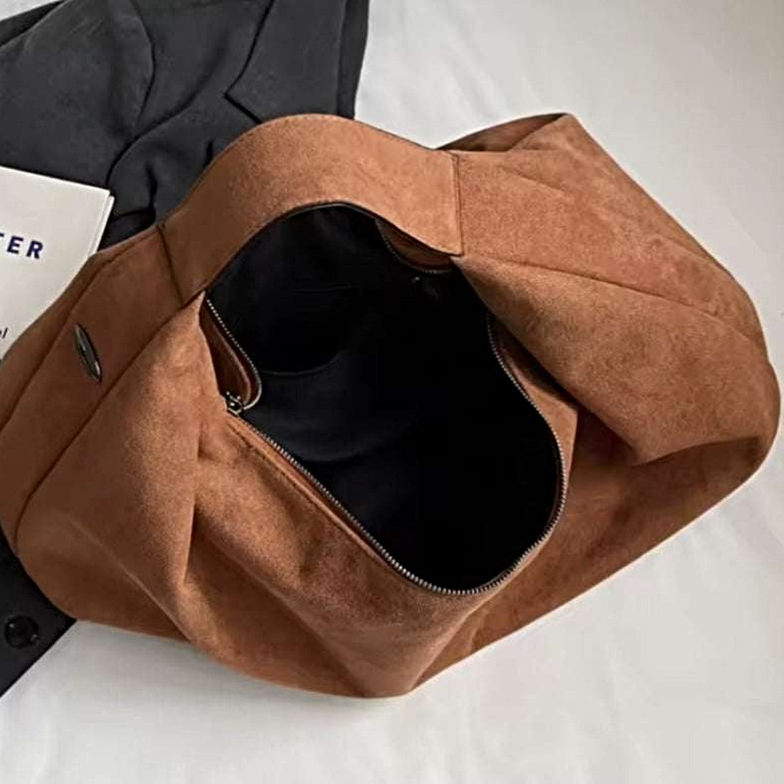 Timeless Suede Hobo bag in chestnut brown vegan suede with upscale slouchy silhouette and dark lining showcasing elegant soft texture spacious compartment and practical everyday luxury design