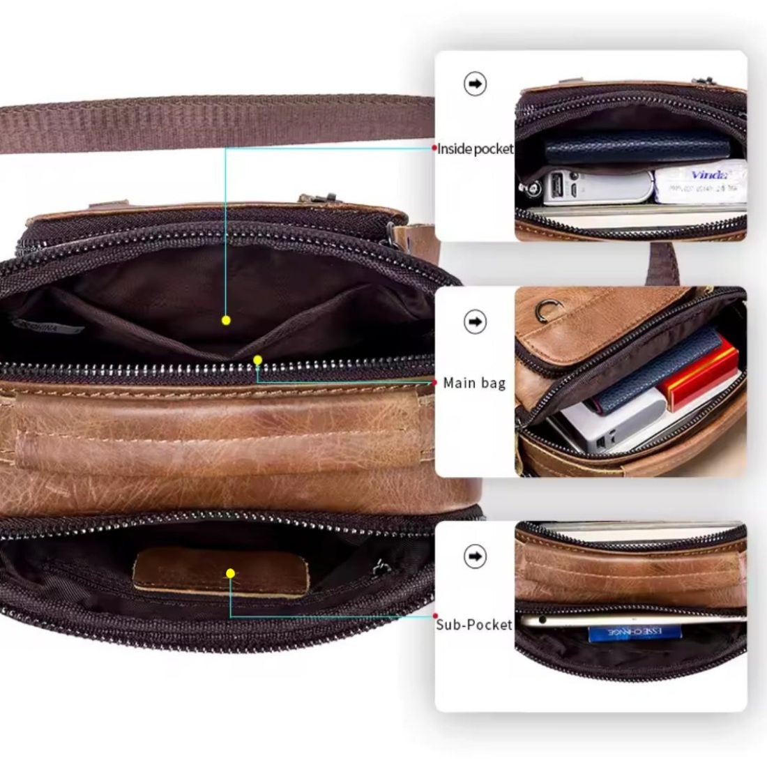 Timeless Axis Crossbody durable genuine leather bag interior view with three organized pockets including inside pocket spacious main compartment and secure sub pocket for everyday essentials