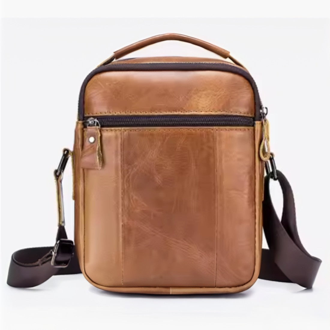 Timeless Axis Crossbody in brown back view sleek genuine leather utility stitching rear zipper for securely holding essentials